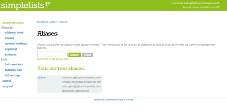 A screenshot of managing alias settings in Simplelists